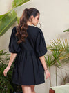 Women Black Poplin Puff Sleeves Gathered Dress