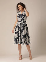 Collar with waist tie midi Dress in Navy