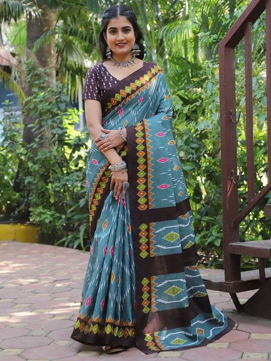 Saree Mall Women's Cotton Sea Green Printed Designer Saree With Blouse Piece-MINAXI3801