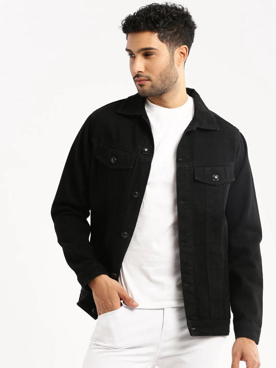 Men Black Spread Collar Solid Denim Jacket-IB-DJ-02-Black