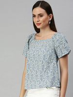 Women's White Printed Tops-ON-01-Whiteblue