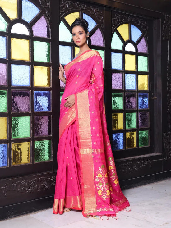 Hot Pink Cotton Saree With Zari Borders-MA64BCT401190039