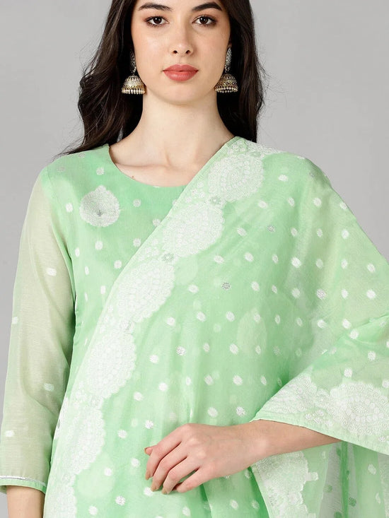 Ahika Women Green Woven Design Kurta Trousers With Dupatta 2