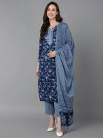 Ahika Women Blue Cotton Blend Printed Straight Kurta Pant Set With Dupatta-VKSKD1632_XS