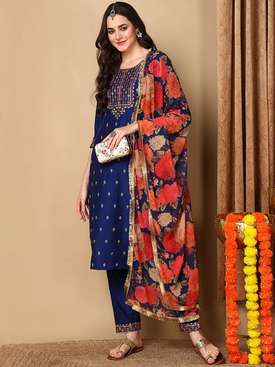 Ahika Women Navy Blue Silk Blend Embroidered Straight Kurta Pant Set With Dupatta-PKSKD2162_XS