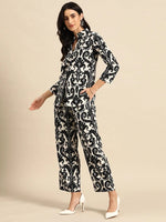 Box Pleat Shirt with flare plants in Black and Cream Ikkat Print