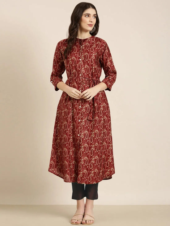 Women Maroon Paisley A-Line Kurta-RJF-034-Maroon