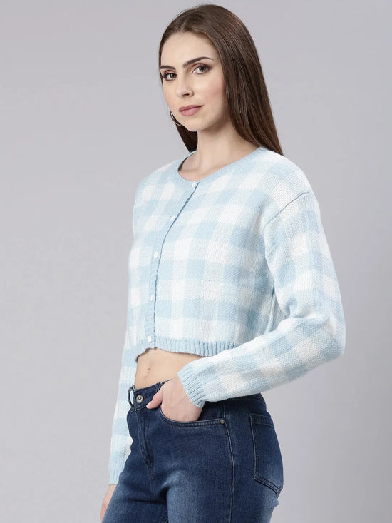 Women Blue Checked Cardigan-CHN-37922-Blue