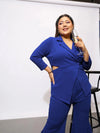 Women Royal Blue Side Cut Out Blazer With Kick Pleat Pants