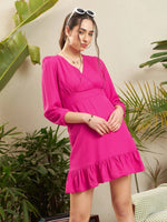 Women Pink Frill Hem Short Dress