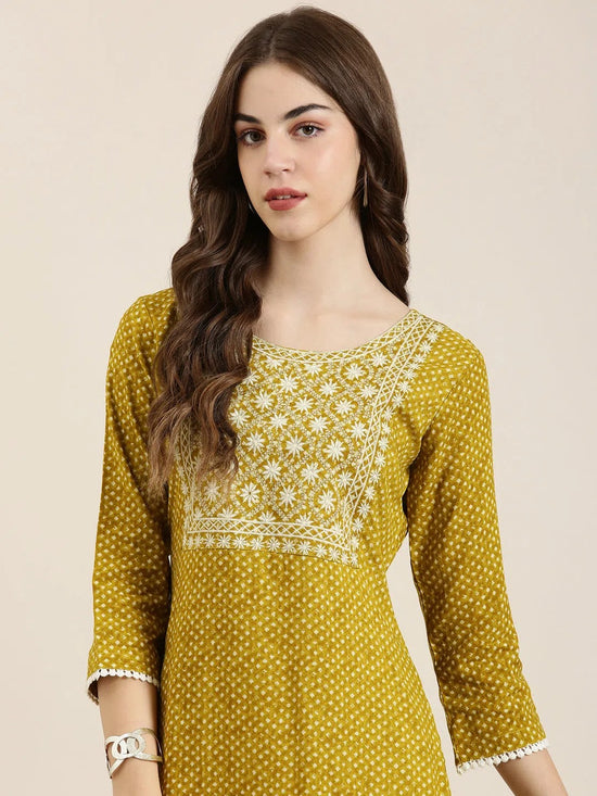 Women Mustard Geometrical Straight Kurta-AT-A1080-K-Mustard