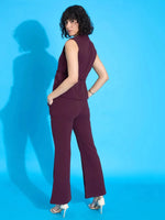 Women Burgundy Sleeveless Tie-Up Blazer With Bell Bottom Pants