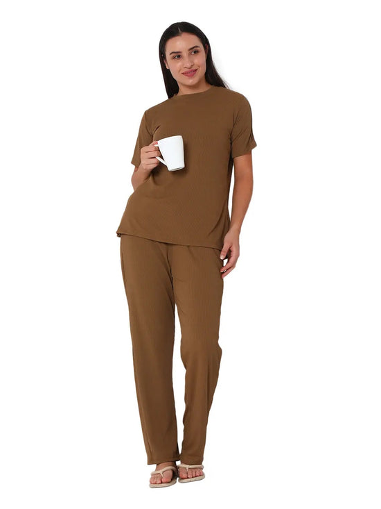 Smarty Pants Women's Cotton Rib Brown Color Round Neck Night Suit