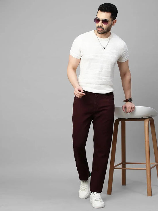 Genips Men's Wine Cotton Stretch Rico Slim Fit Solid Casual Chinos