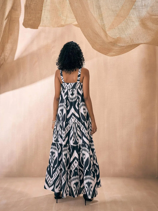 Women Black & White Ikat Loose Fit Strappy Tiered Maxi