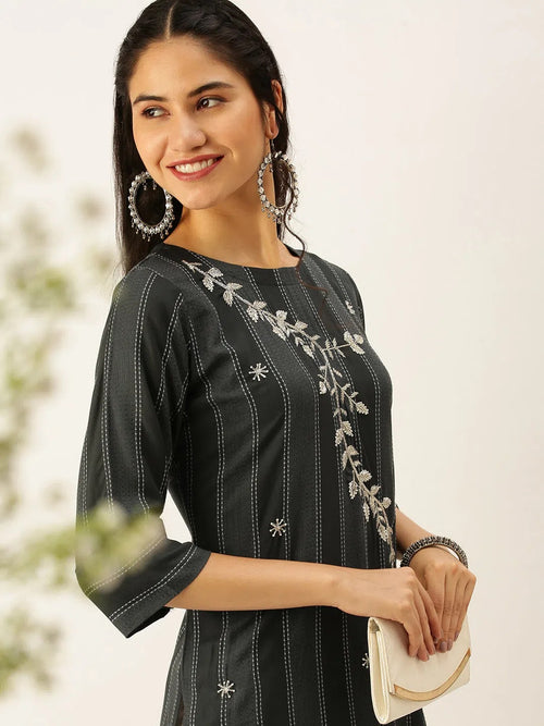 Women's Grey Striped Kurta Sets-SB-33395-Grey