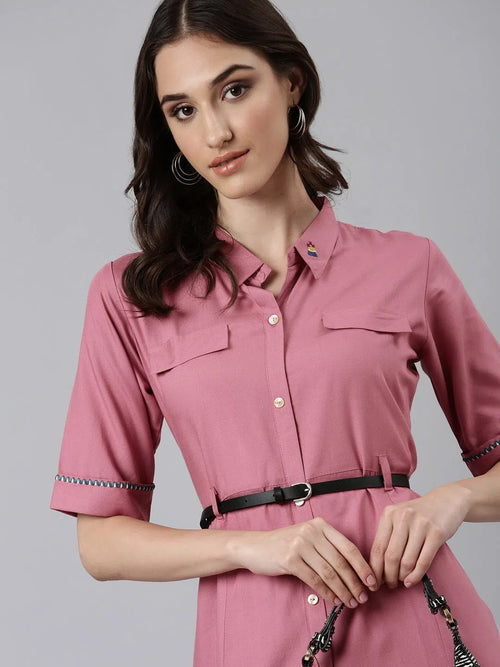 Women Pink Solid Shirt Dress-DF-1603-Pink