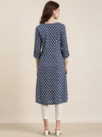 Women Navy Blue Printed A-Line Kurta-AT-A880-A-Navyblue