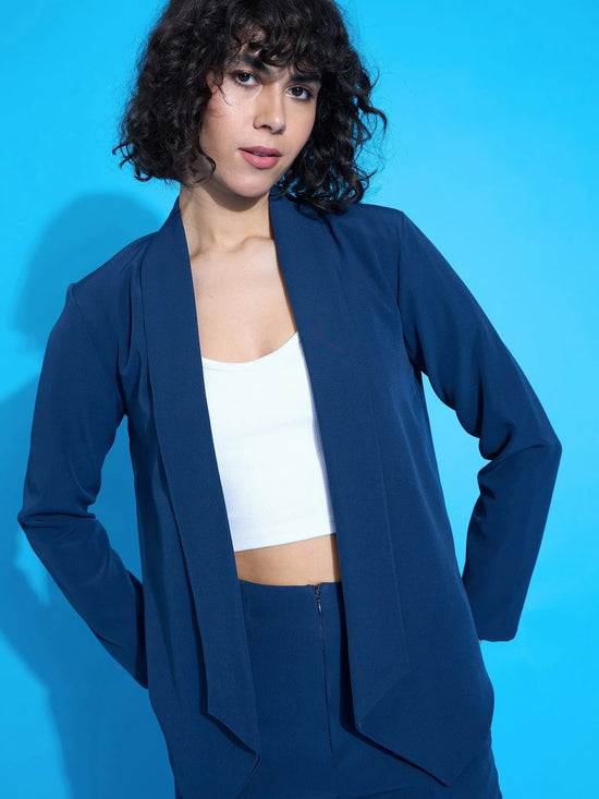 Women Royal Blue Shawl Collar Blazer With Balloon Fit Pants