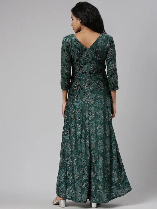 Women Green Floral Empire Dress-TE-116-Green