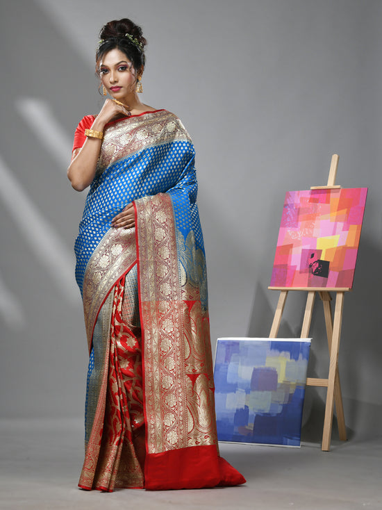 Sky Blue And Red Katan Silk Banarasi Patli Pallu Saree With Small Buttas And Ethnic Designs-MA52KA441380070