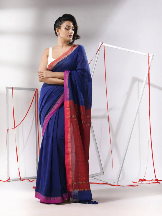 Blue Cotton Saree With Sequined Work-MA55CT06520110