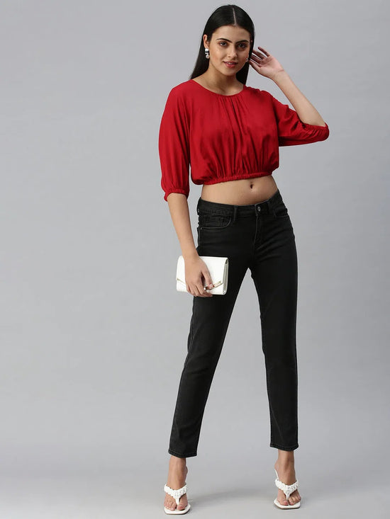 Women's Solid Red Top-AE-10209-Red