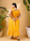 Women Yellow Schiffli Frill Shoulder Midi Dress