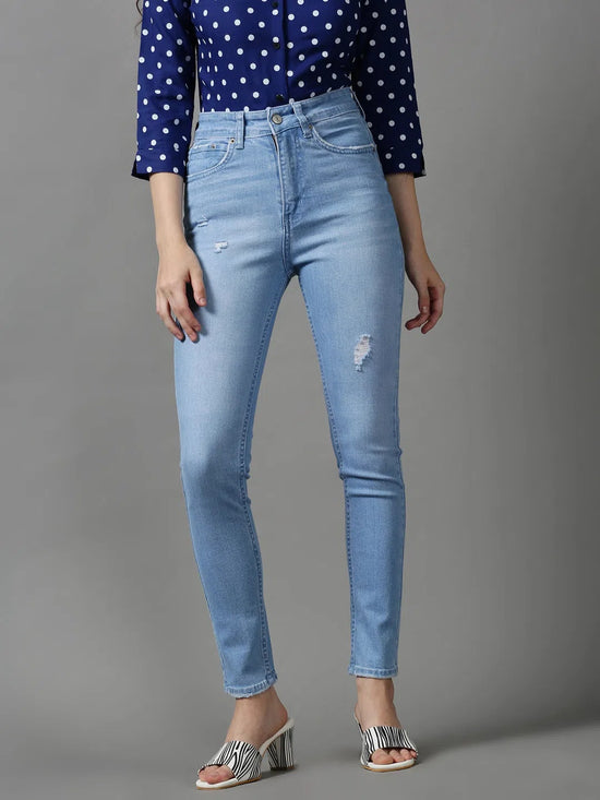 Women's Blue Solid Slim Fit Denim Jeans-GZ-5214-2-Blue