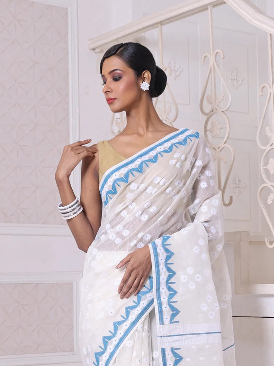 Off White Cotton Handwoven Jamdani Saree-MA64JM401380036