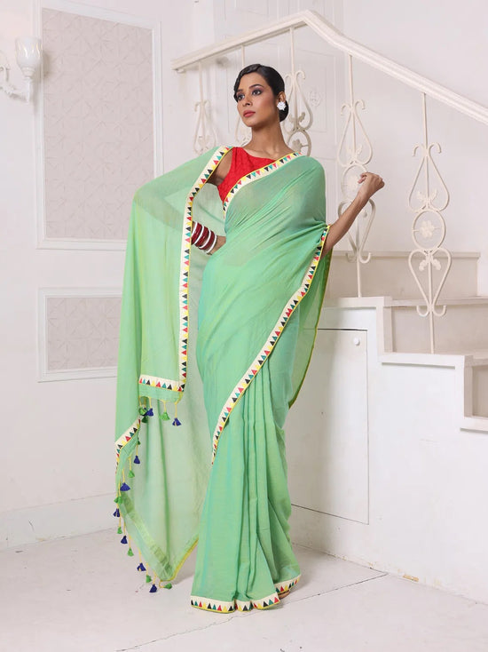 Light Green Mulmul Cotton Soft Saree With Patch Work Borders-MA62MCT33830022