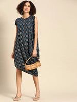 Asymmetric one side cowl Dress in Navy Print