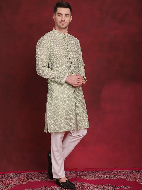 Sequin Chikankari Front Open Kurta With Pyjamas-JOKP-P-5029Pista