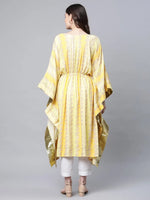 Ahalyaa Women Yellow Rayon Printed Flared Sleeve Kaftan Kurta