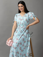 Women's Blue Floral Fit and Flare Dress-KG-5000-Blue