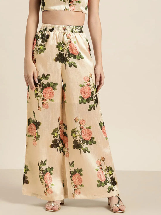 Beige Floral Polysilk Palazzo Pants