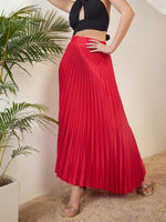 Women Red Satin Accordion Pleated Maxi Skirt