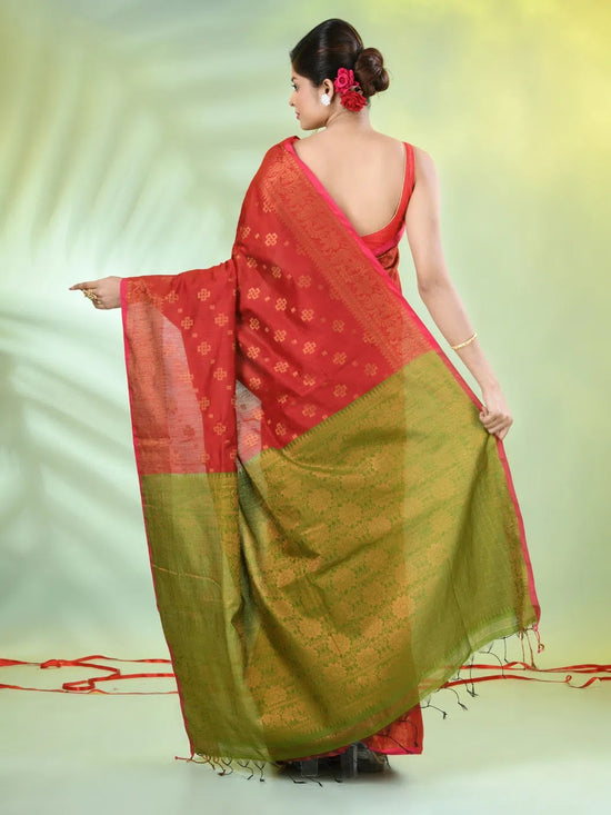 Red Cotton Saree With Zari Borders-MA66BCT43830041