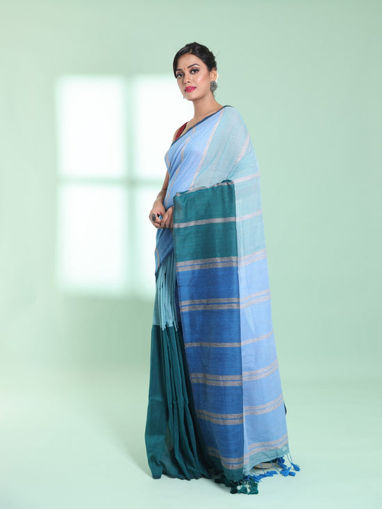 Blue Patli Pallu Cotton Saree With Stripes Design-MA59CT06540015