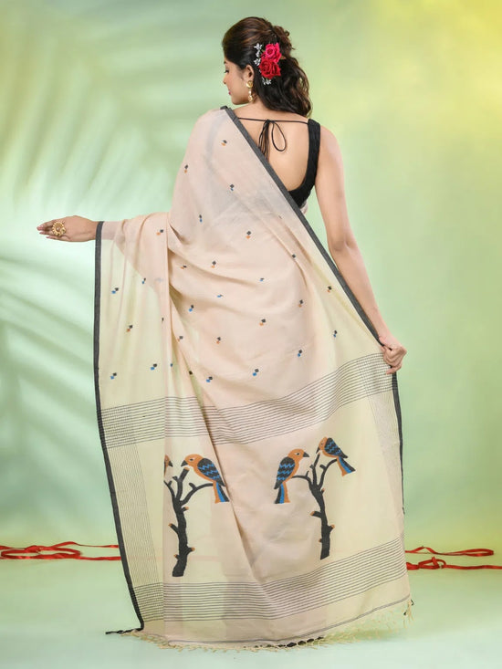 Beige Cotton Handwoven Saree With Bird Motifs-MA66CT431380018