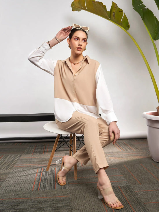 Women Beige & White ColorBlock Shirt With Darted Pants