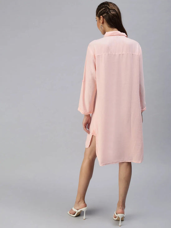 Women's Pink Solid Shirt Dress-AE-444584-Peach