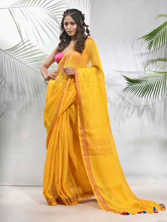 Yellow Linen Saree With Sequined Work In Stripes-MA56LN331160040