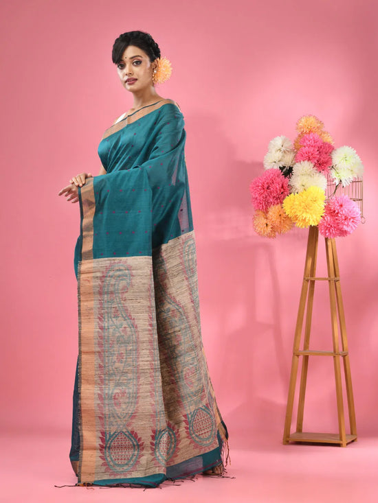 Teal Cotton Blend Handwoven Saree With Jute Weaving Pallu-MA51BCT431930034