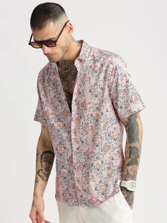 Men Spread Collar Ethnic Motifs Pink Casual Shirt-REVERIE-2126-Pink