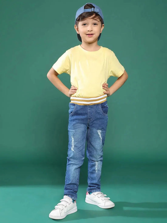 Tales & Stories Blue Solid Denim Joggers For Boys