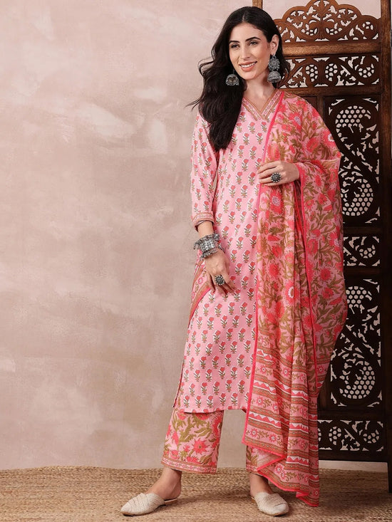 Ahika Women Pink Rayon Blend Floral Printed Straight Kurta Trouser With Dupatta-VKSKD2239