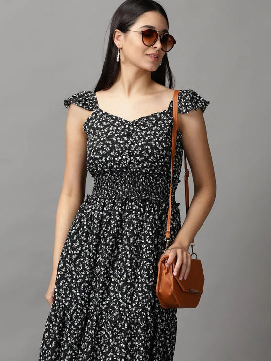 Women's Black Floral Fit and Flare Dress-SRA-1404-Black