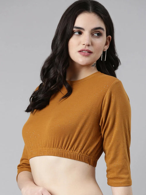 Round Neck Regular Sleeves Embellished Cinched Waist Mustard Crop Top-AE-10632-Mustard