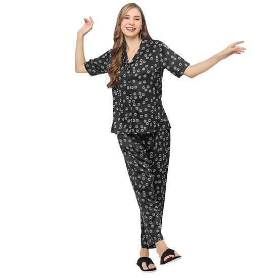 Smarty Pants Women's Silk Satin Black Color Floral Print Night Suit